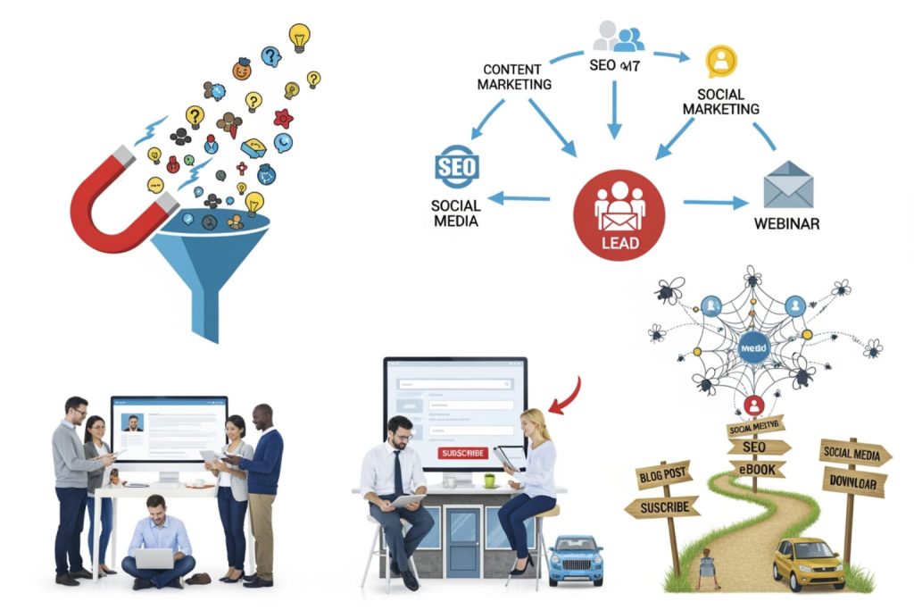 A detailed infographic illustrating digital marketing and inbound lead generation processes. Key elements include a red magnet attracting icons into a funnel, a flowchart connecting various marketing channels to a central "Lead" circle, and a winding road with signposts for content types like blogs and eBooks. Additional scenes depict collaborative workstations, subscription interfaces, and a spiderweb of engagement. The design uses vibrant colors and abstract shapes to convey interconnected marketing strategies.