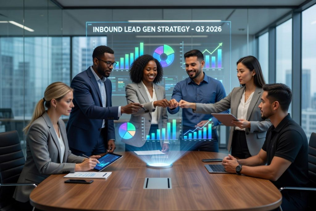 A diverse group of six professionals in a modern office, gathered around a polished oval conference table. A central holographic projection displays business analytics with bar charts, pie charts, and the title "Inbound Lead Gen Strategy - Q3 2026." The team interacts with the data, which focuses on inbound lead generation, and their devices, with some standing and others seated. The scene conveys innovation, teamwork, and data-driven decision-making in a corporate setting.