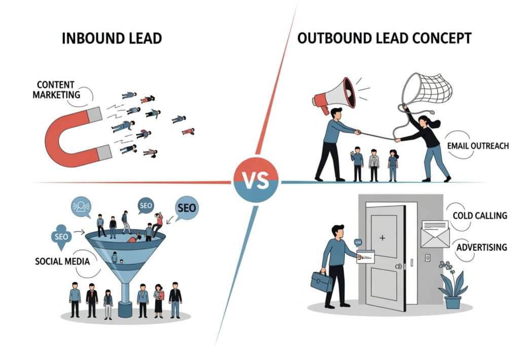Diagram comparing inbound leads vs outbound leads generation strategies with visual metaphors like magnets, funnels, and megaphones.