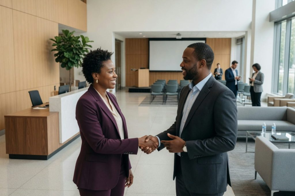 Two Black professionals shaking hands in a modern office lobby, marking the start of a hiring process guided by a job description template.
