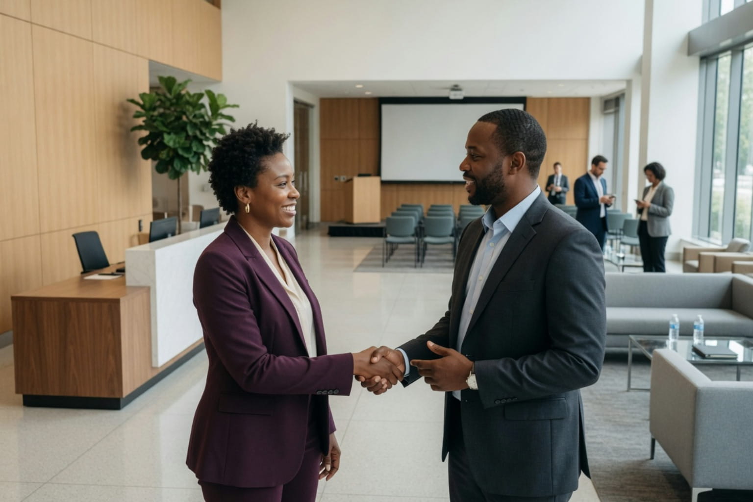 Two Black professionals shaking hands in a modern office lobby, marking the start of a hiring process guided by a job description template.