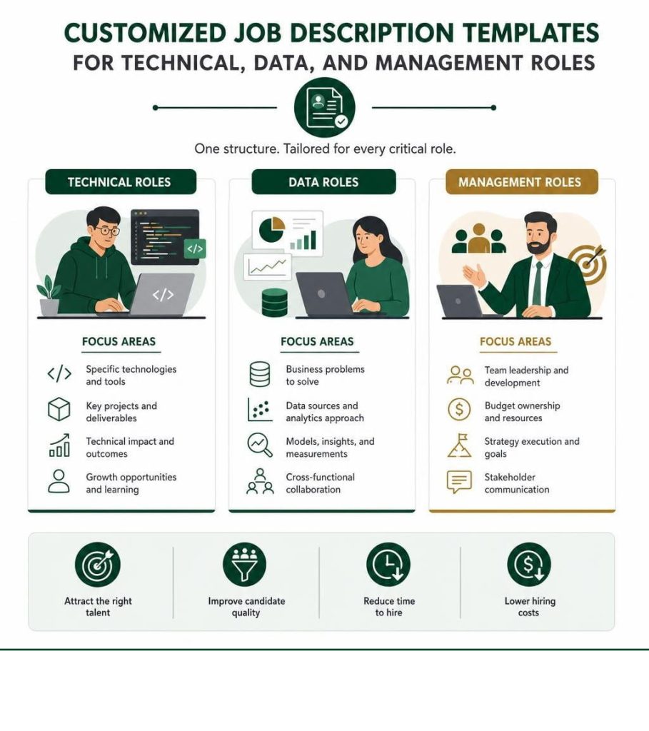 Infographic outlining a customized job description template for technical, data, and management roles.