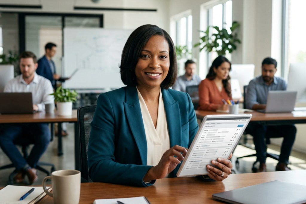 A smiling businesswoman holding a tablet in a modern office, managing a job description template digitally.