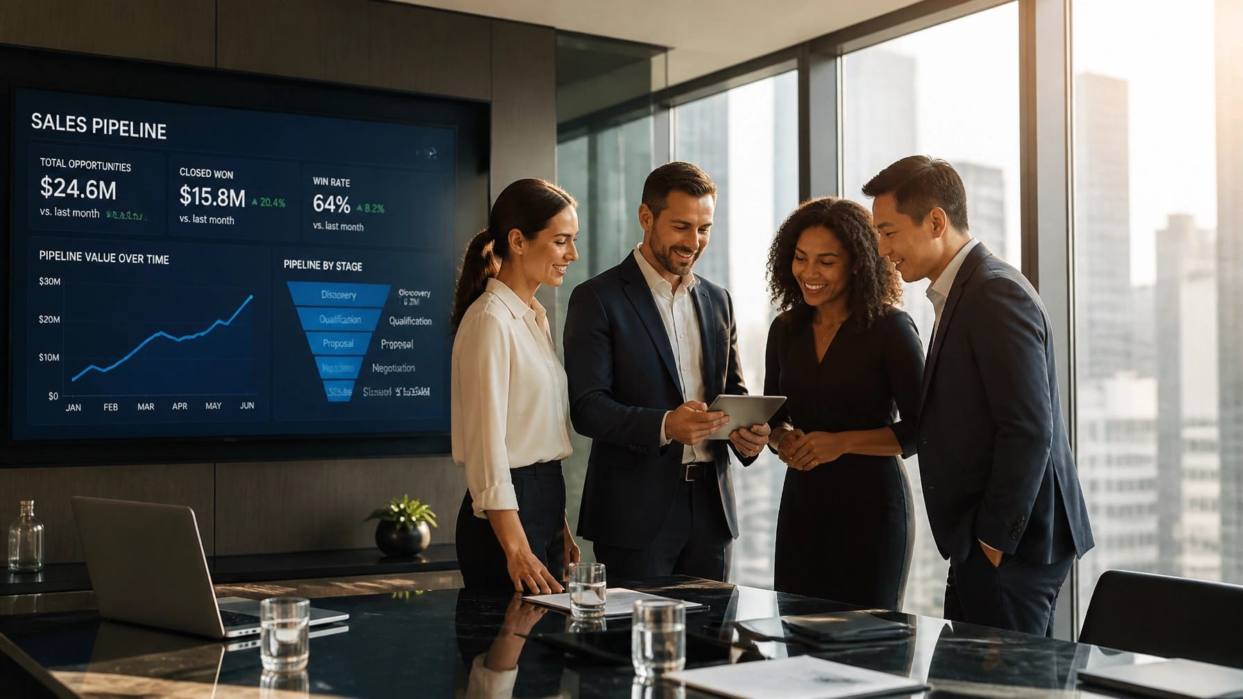 Business team in a boardroom reviewing a sales pipeline dashboard, the kind of growth lead gen companies help drive.