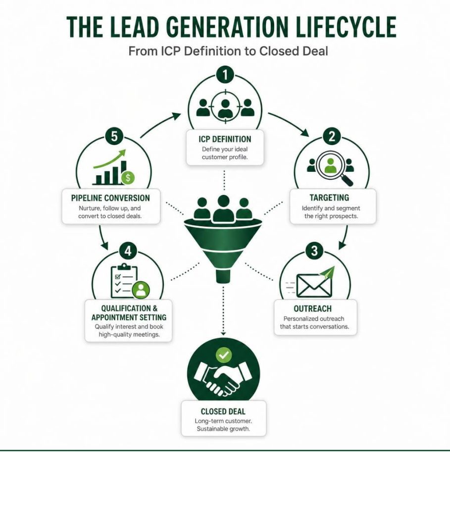Infographic of the Lead Generation Lifecycle in 5 steps, from ICP definition to closed deal, used by lead gen companies.