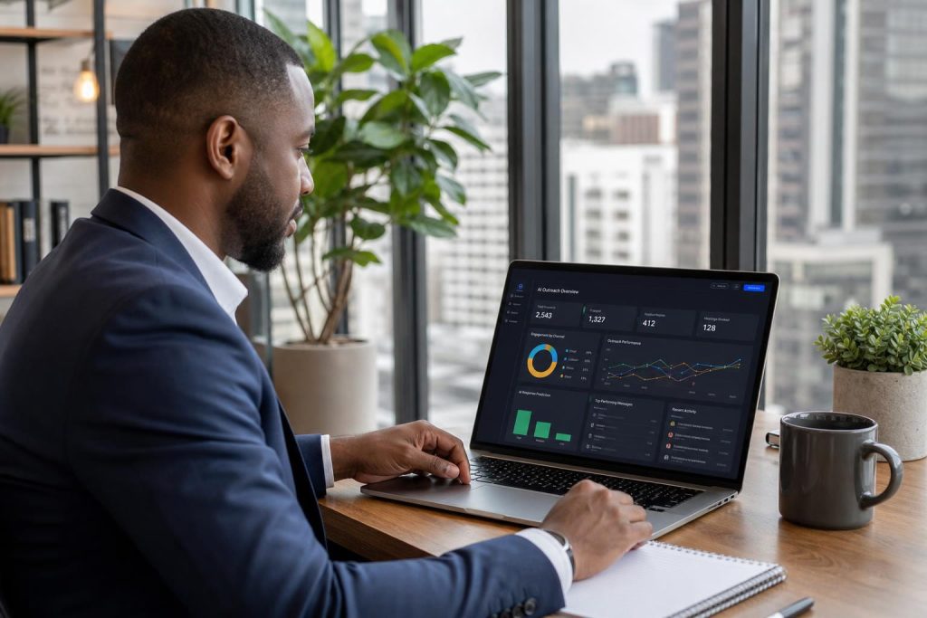 Man in a suit analyzing an AI outreach dashboard on a laptop, showing tools lead gen companies use to track results.