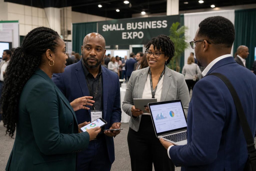 Diverse professionals networking and sharing data at a Small Business Expo, connecting with lead gen companies.