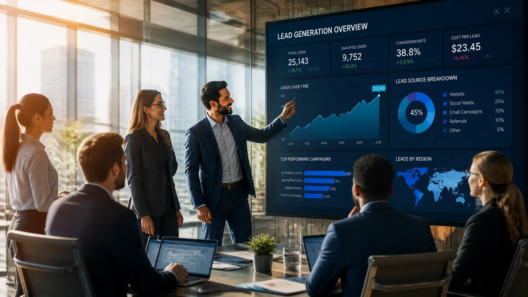 Business team reviewing a lead generation companies performance dashboard in a modern boardroom.