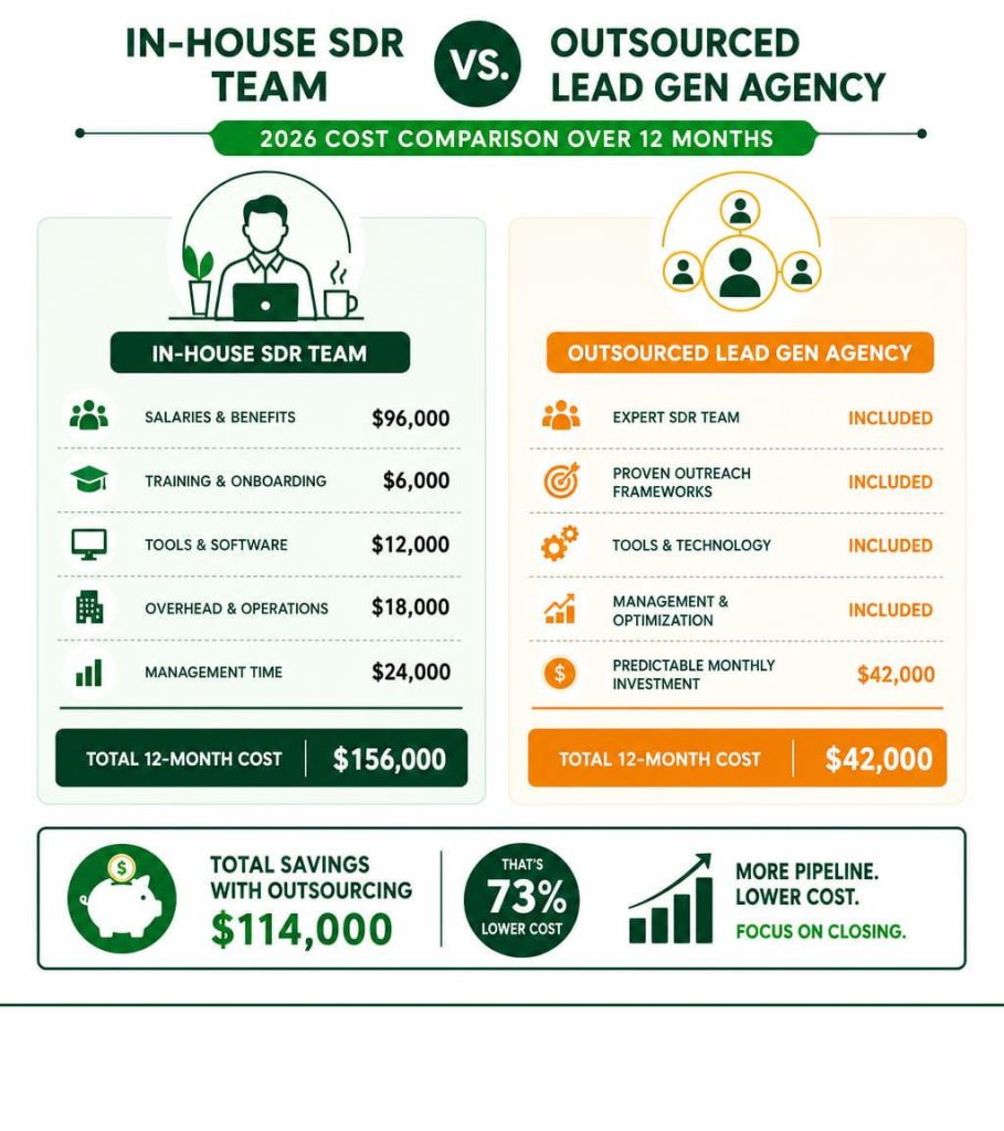 Cost comparison graphic showing in-house SDR teams versus outsourced lead generation companies.