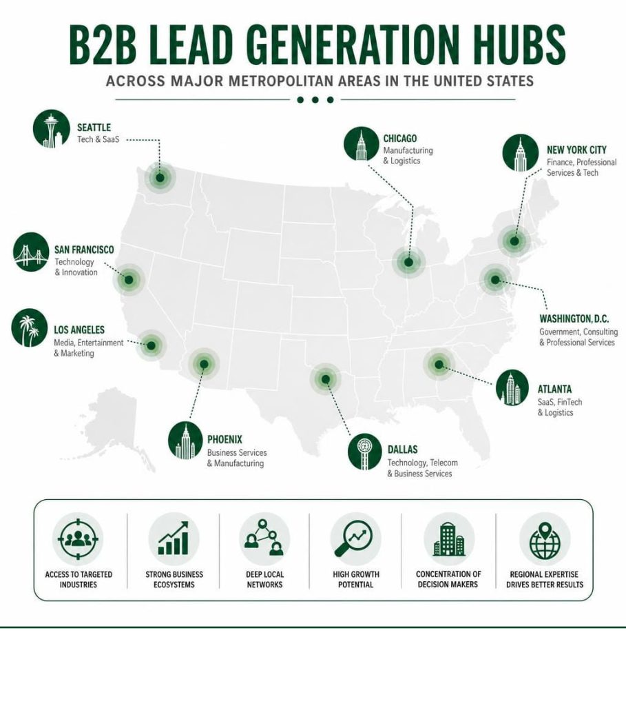 US map highlighting major metro hubs where lead generation companies target key B2B industries.
