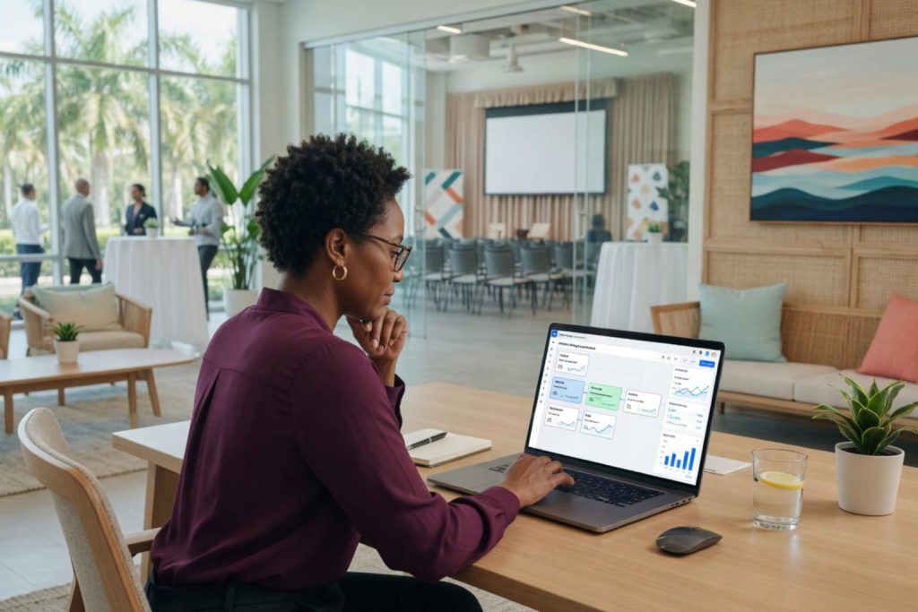 lead magnet ideas professional analyzing dashboard metrics in a modern office setting.