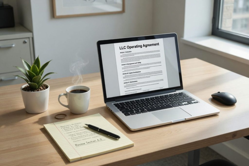 A laptop on a tidy desk showing an LLC operating agreement template with sections on formation, management, capital contributions, and distributions, next to a coffee mug, plant, and notepad.
