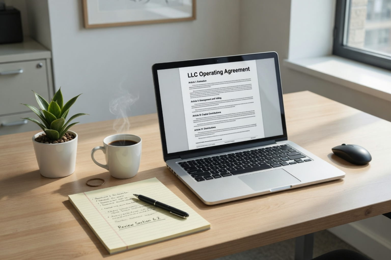 A laptop on a tidy desk showing an LLC operating agreement template with sections on formation, management, capital contributions, and distributions, next to a coffee mug, plant, and notepad.