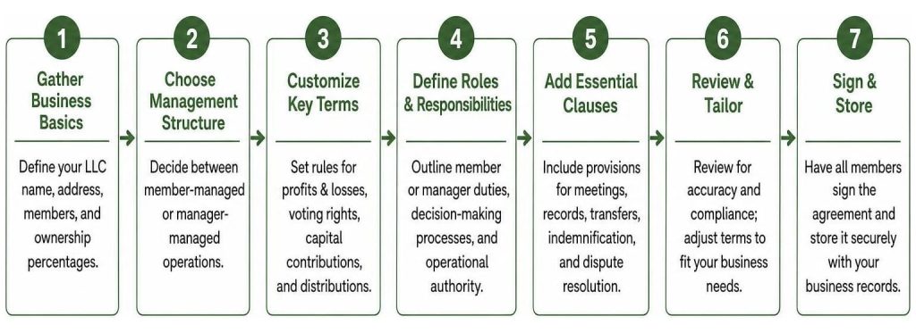 A 7-step flowchart infographic showing how to create an LLC operating agreement template, from gathering business basics to signing and storing the document.