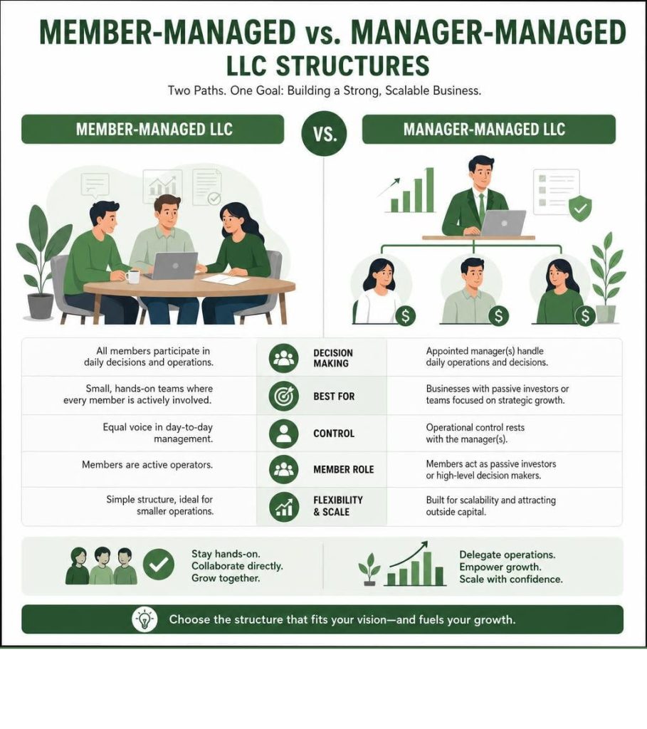 An infographic comparing member-managed and manager-managed LLC structures, helping owners choose the right setup for their LLC operating agreement template.
