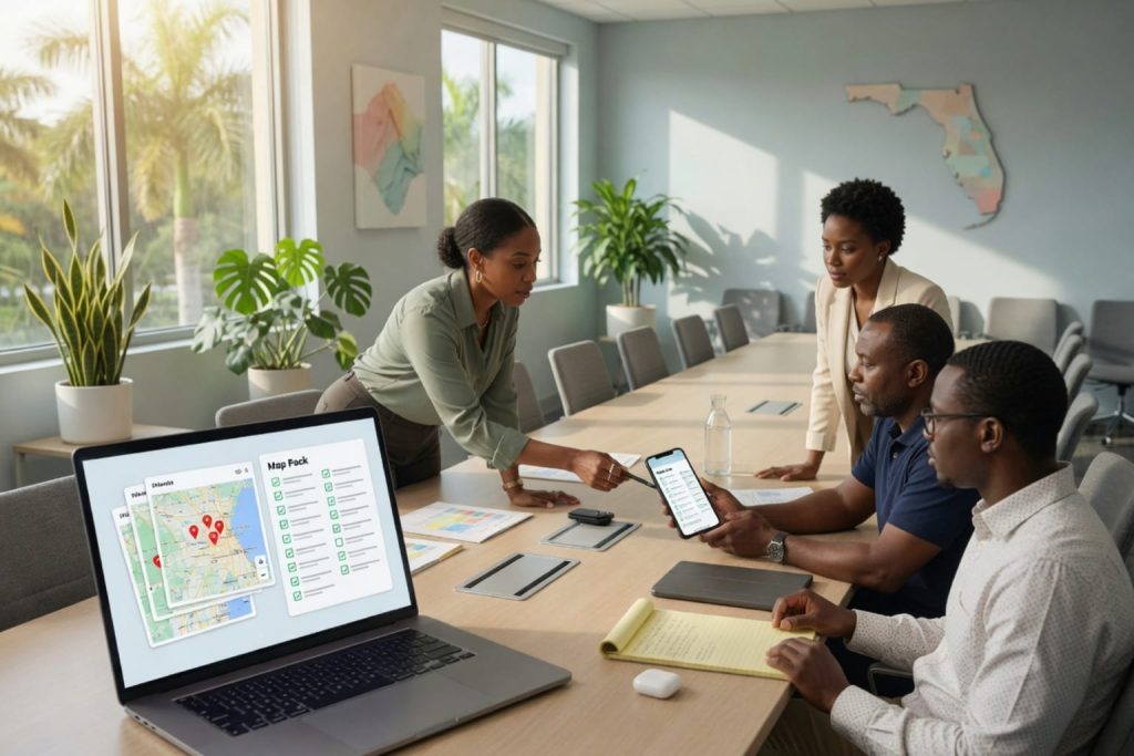Local SEO Checklist team reviewing map pack strategy on laptop and phone in a bright conference room.