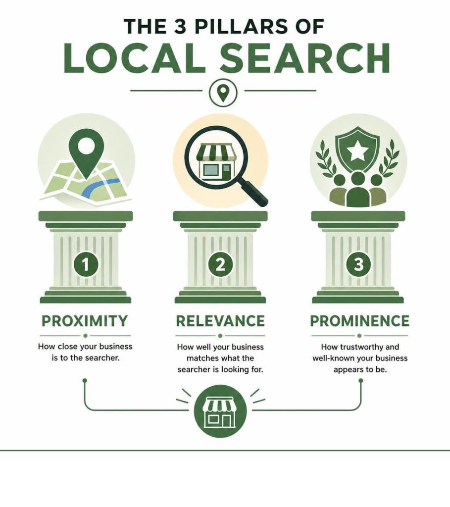 Local SEO Checklist infographic showing the three pillars of local search proximity relevance and prominence.