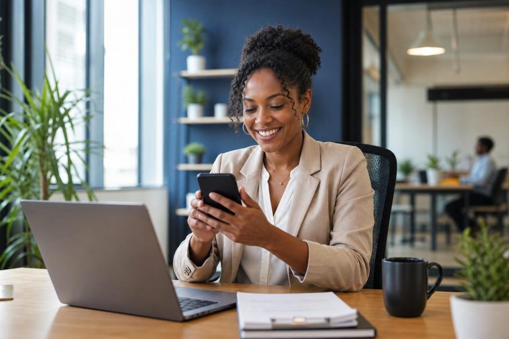Local SEO Checklist small business owner smiling at phone in a modern office workspace.