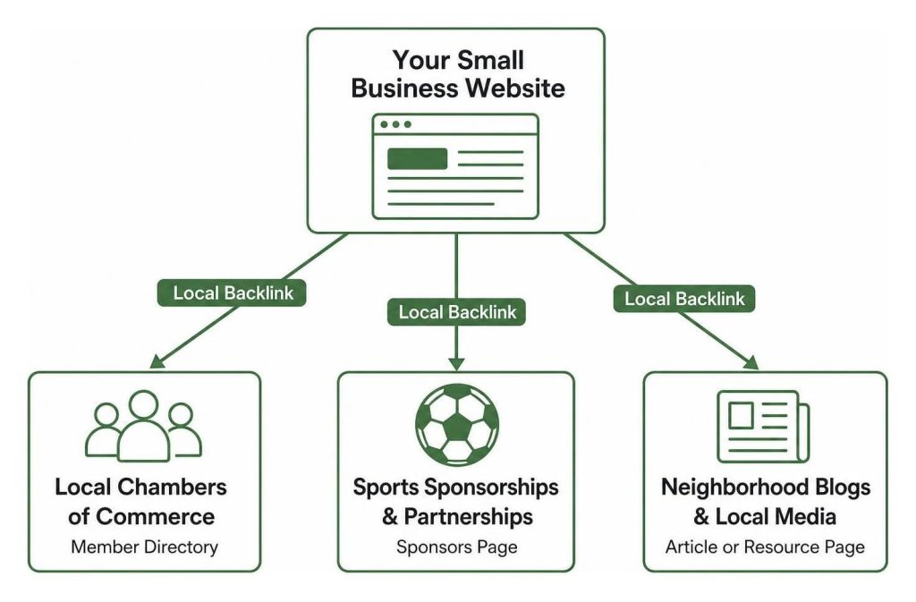 Local SEO Checklist diagram showing local backlink sources for a small business website.