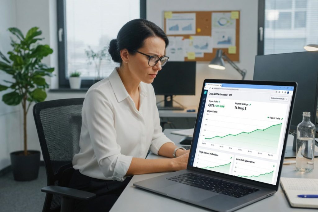Local SEO Checklist marketer reviewing local SEO performance growth on a laptop dashboard.
