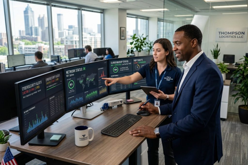 A professional office scene with a woman in a "Tech Solutions MSP" polo shirt presenting managed IT services for small businesses data on three monitors to a man in a suit. The monitors display cybersecurity alerts, network status, and cloud backup updates.