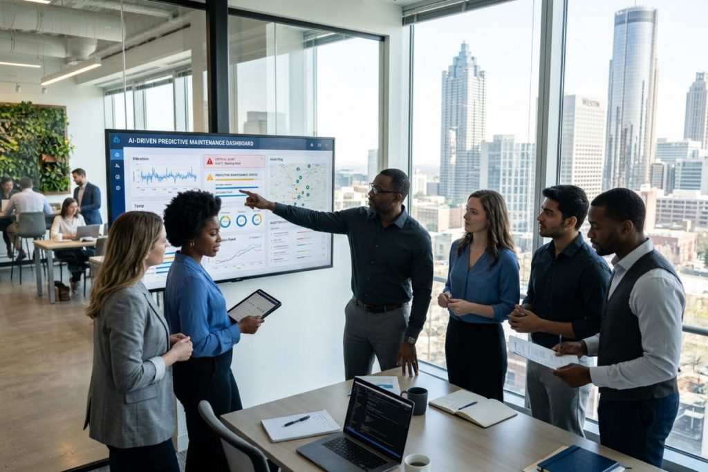 A business meeting with six professionals analyzing an AI-driven predictive maintenance dashboard showing critical alerts, vibration, and temperature data as part of their managed IT services for small businesses.