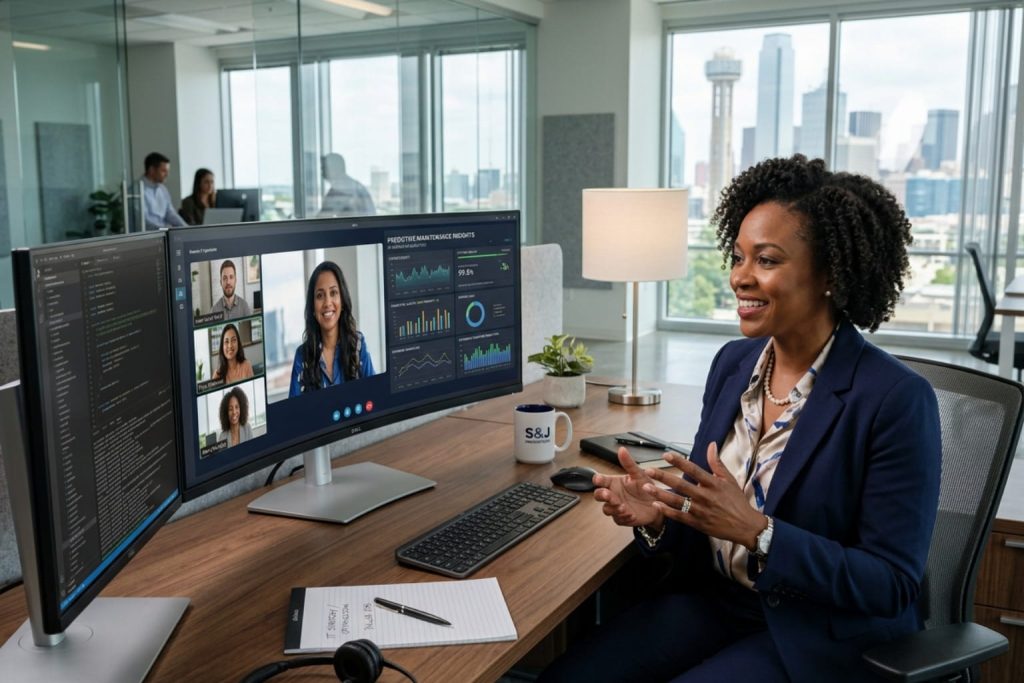 A woman in a blazer presenting predictive maintenance insights for managed IT services for small businesses on a dual-monitor setup during a video conference in a modern office.