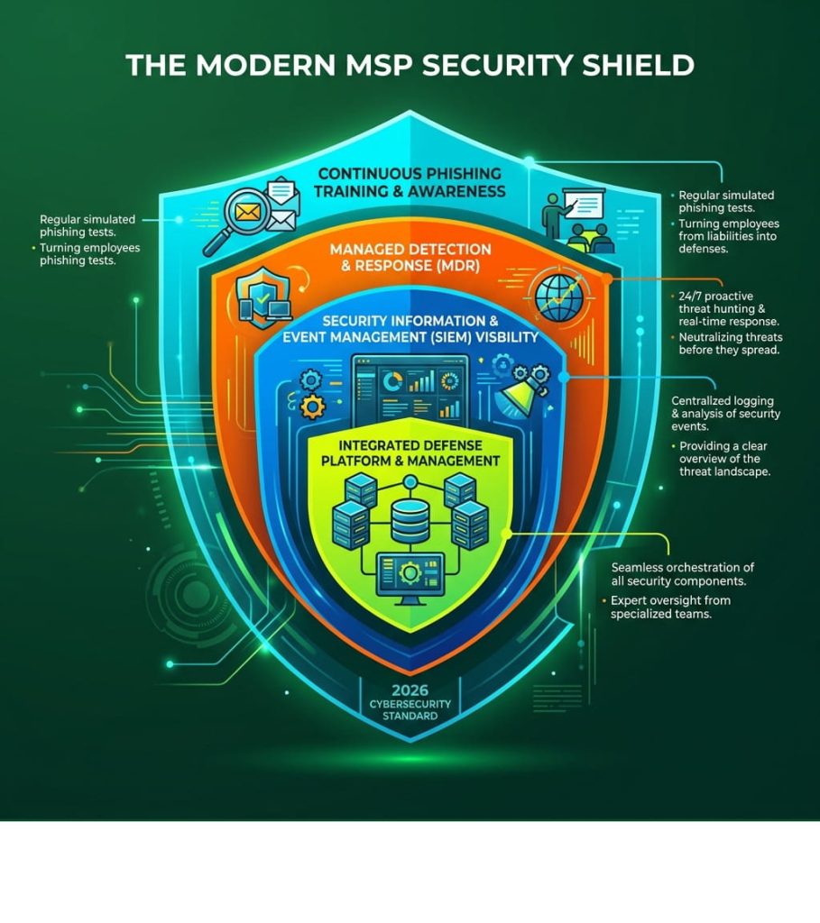 A glowing shield infographic illustrating a multi-layered cybersecurity strategy as part of managed IT services for small businesses, including phishing training, threat detection, and integrated defense.