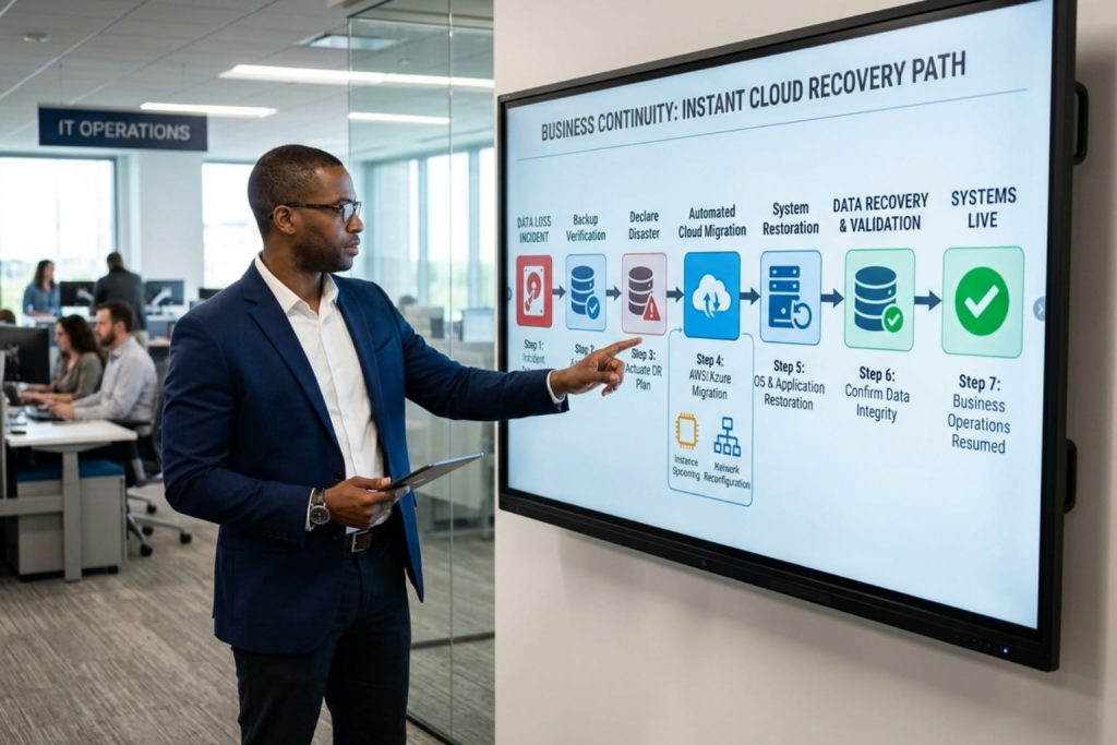 A man in a blazer presenting a seven-step disaster recovery process for managed IT services for small businesses on a large screen in an IT operations office.