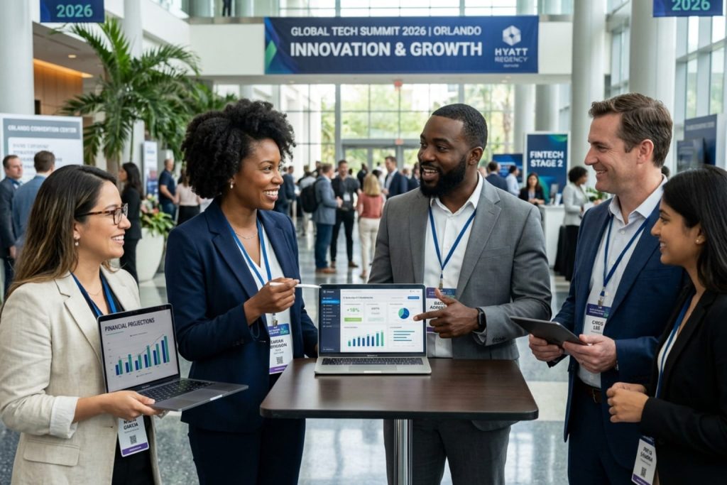 A group of professionals collaborating at the Global Tech Summit 2026 in Orlando, reviewing financial projections for managed IT services for small businesses on laptops.
