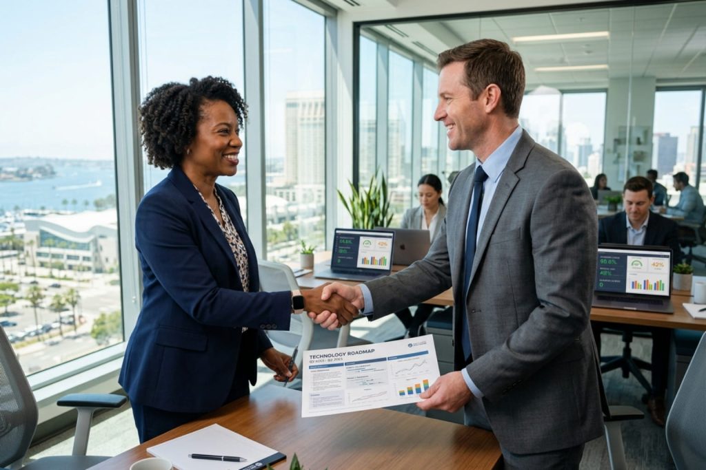 A handshake between two professionals over a "Technology Roadmap" document for managed IT services for small businesses in a modern office, with data dashboards visible in the background.