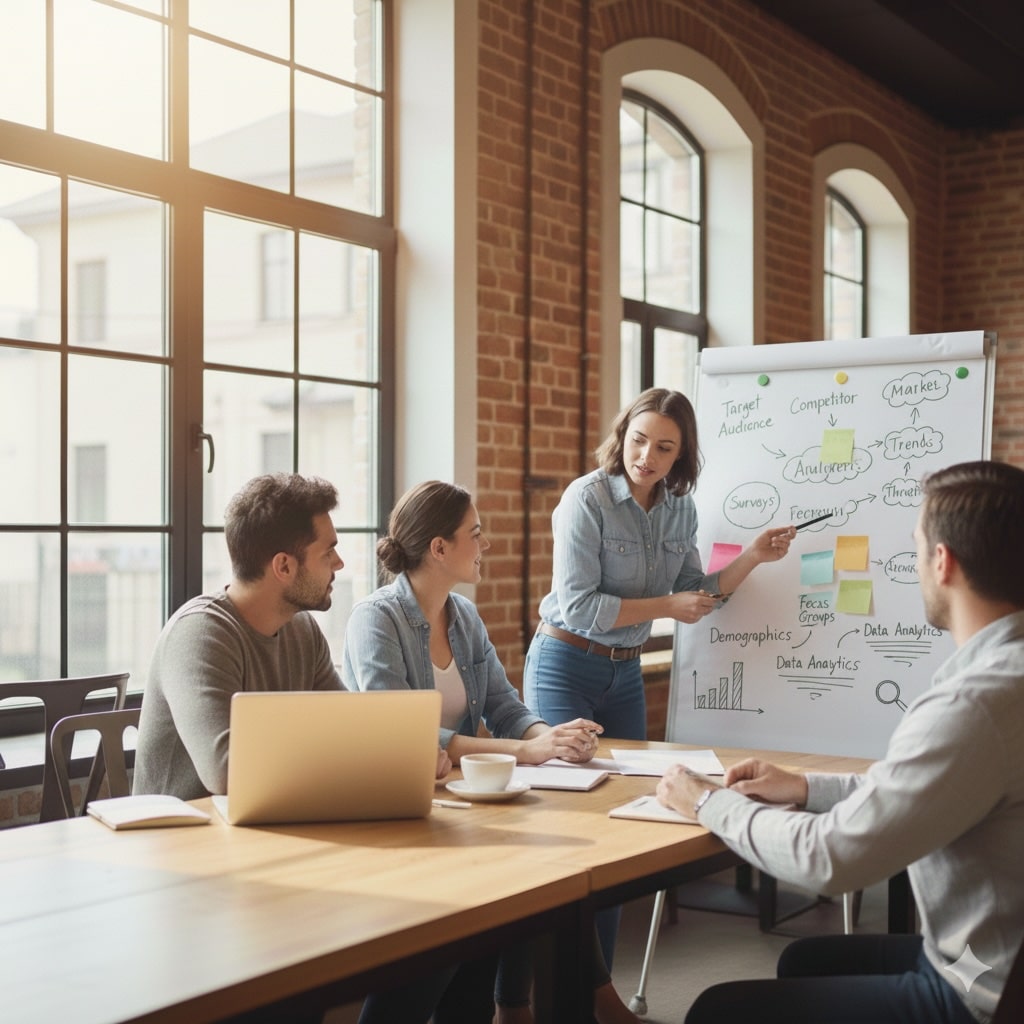 person presenting marketing research to a small business