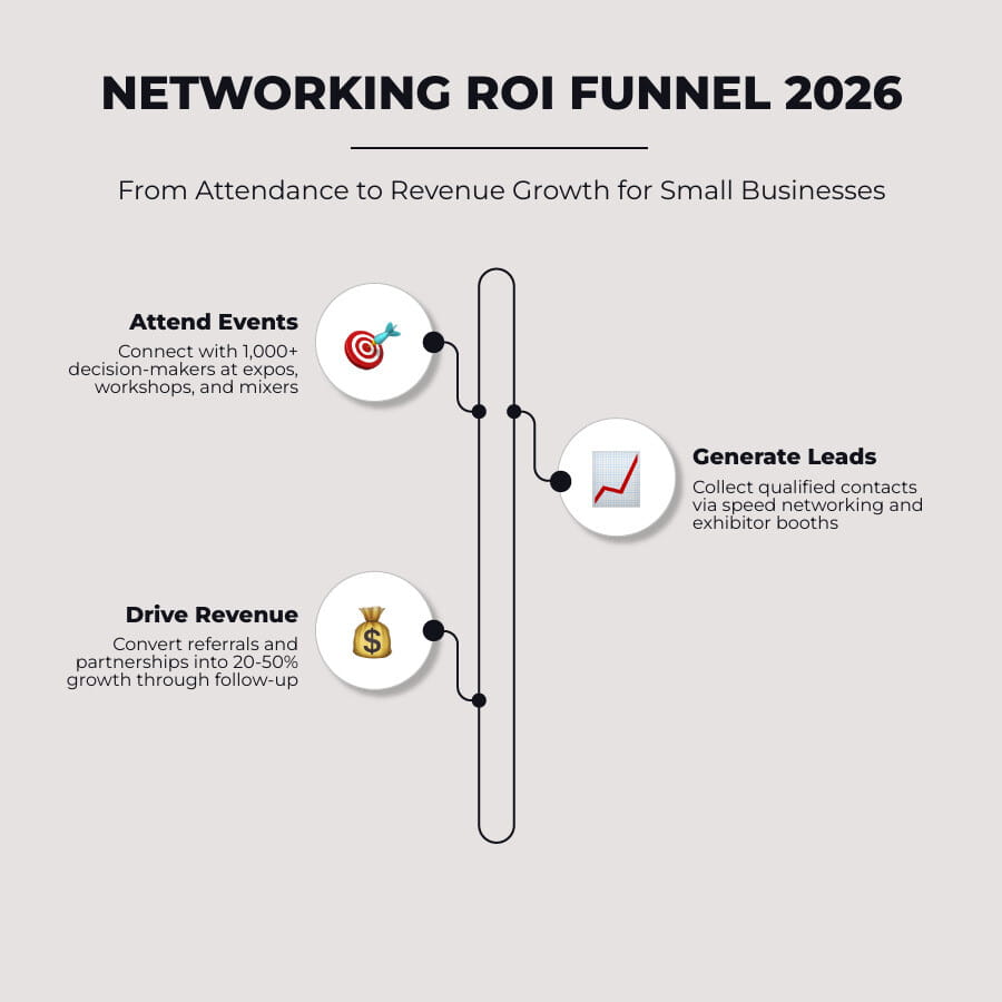 A funnel diagram titled "Networking ROI Funnel 2026," illustrating a three-stage process: attending networking events for small business owners, generating leads, and driving revenue. Icons and text highlight the benefits for small businesses.