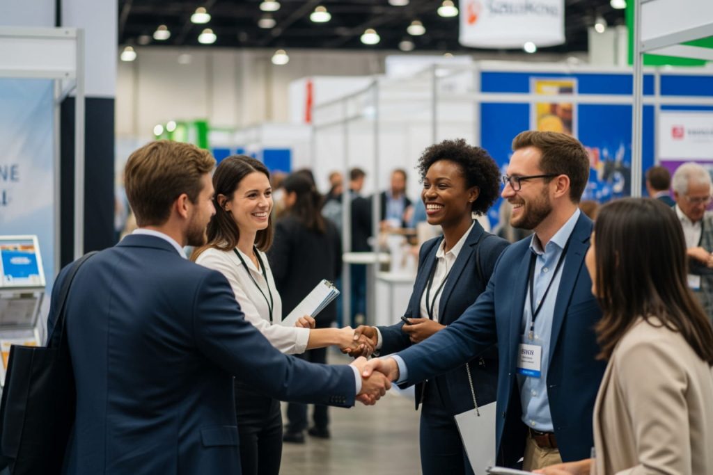 A bustling indoor professional event with attendees engaging in conversations and handshakes. The setting, which includes exhibition booths, ID badges, and a well-lit hall, is ideal for networking events for small business owners and emphasizes business interactions.