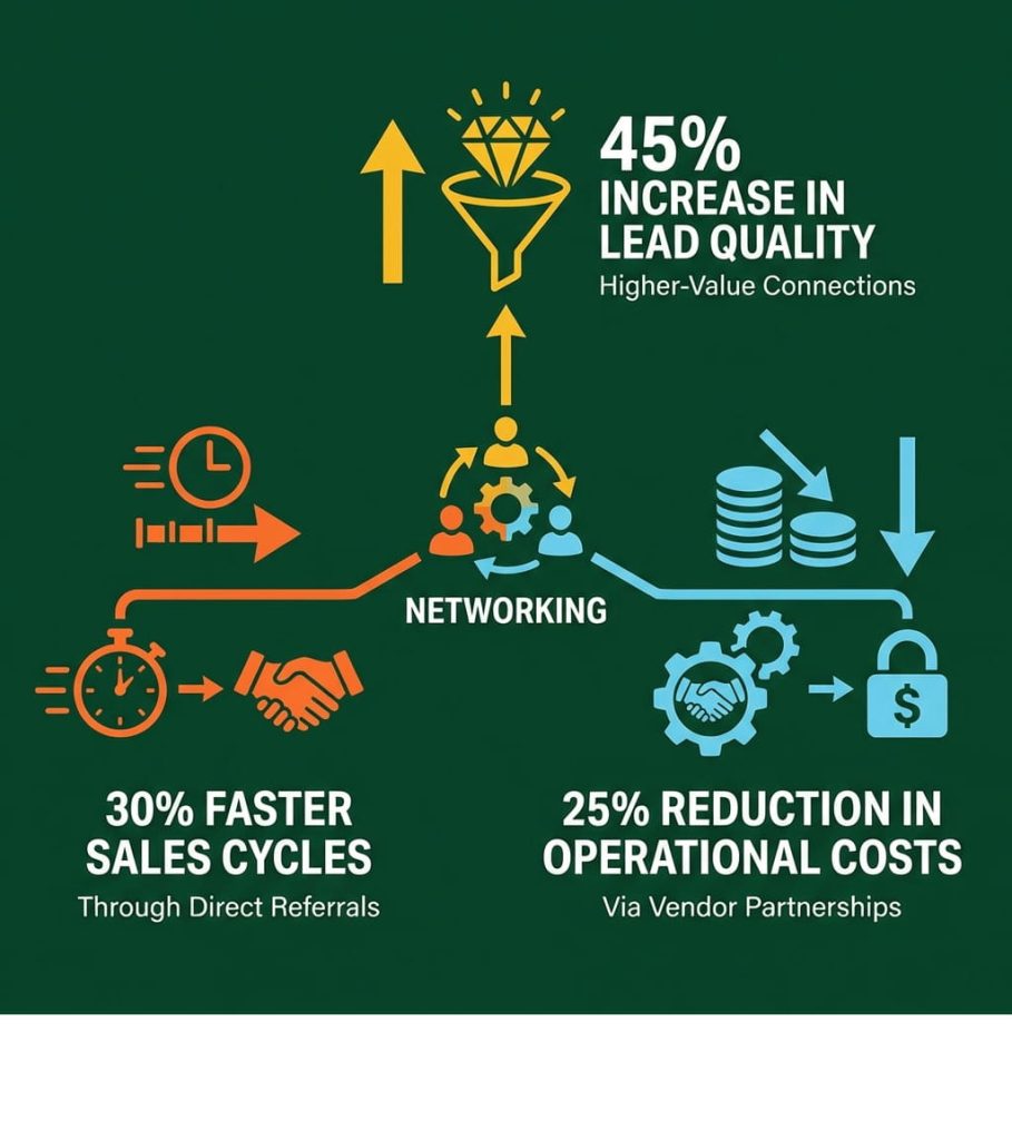 An infographic showcasing the benefits of networking events for small business owners, including faster sales cycles, increased lead quality, and reduced operational costs. The design features a central "Networking" hub with three color-coded paths leading to icons and statistics.