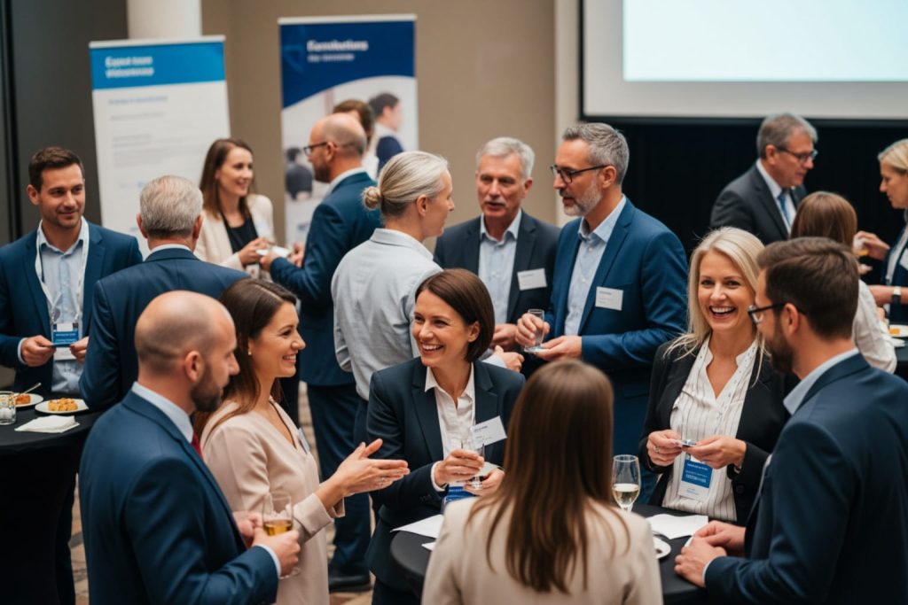 A lively networking events for small business owners with attendees in formal attire conversing and holding drinks. Blue banners with corporate branding and a projector screen are visible in the background.