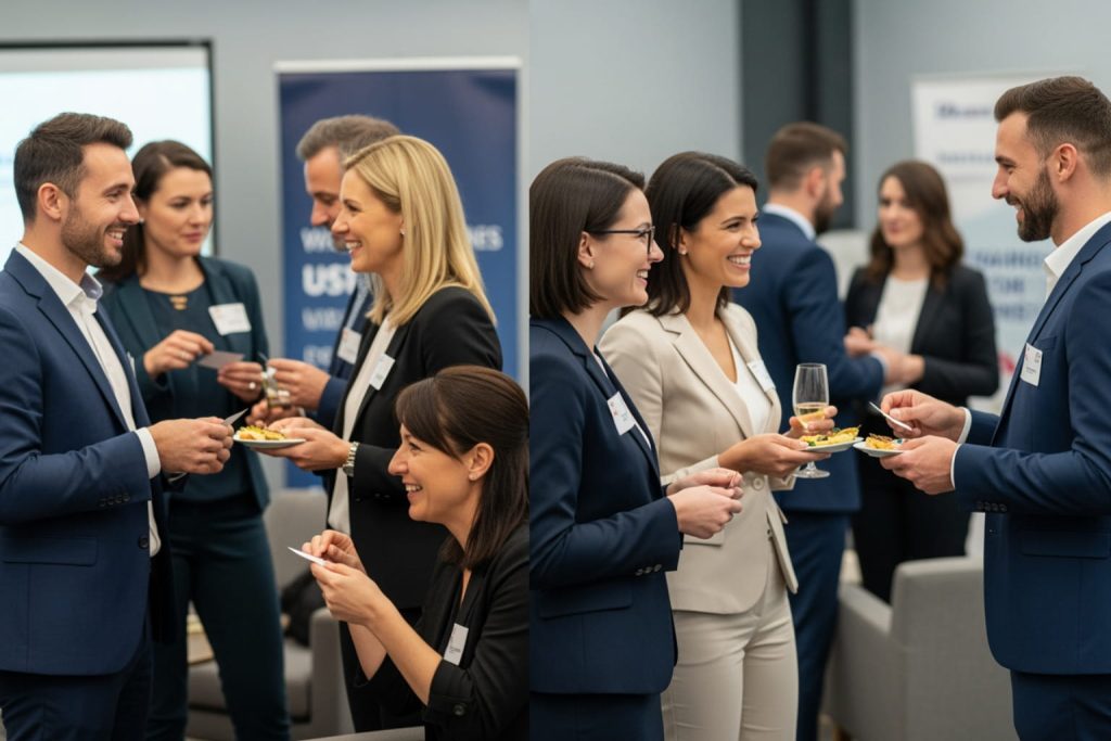A collage of two photographs from a professional networking events for small business owners. Attendees in formal attire are seen exchanging business cards, holding drinks, and engaging in conversations. A blue banner with partial text "USF" is visible in the background.