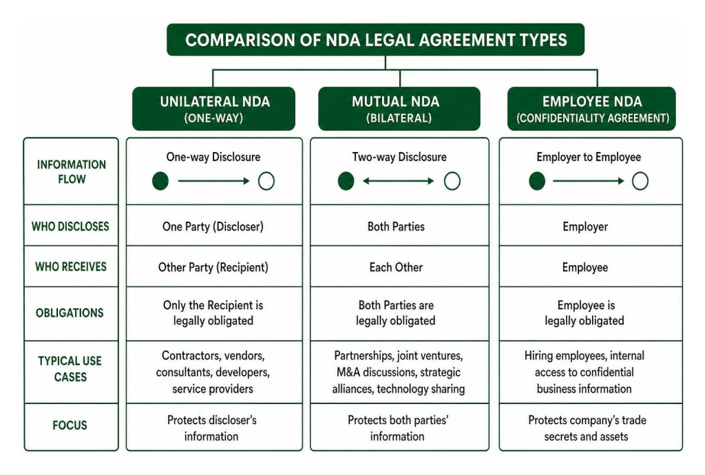 Infographic comparing unilateral, mutual, and employee non disclosure agreement template types across six categories.