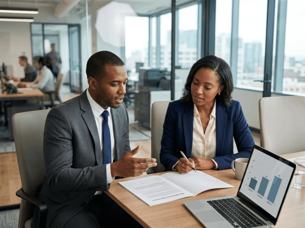 Man and woman at a conference table signing a non disclosure agreement template beside a laptop chart.