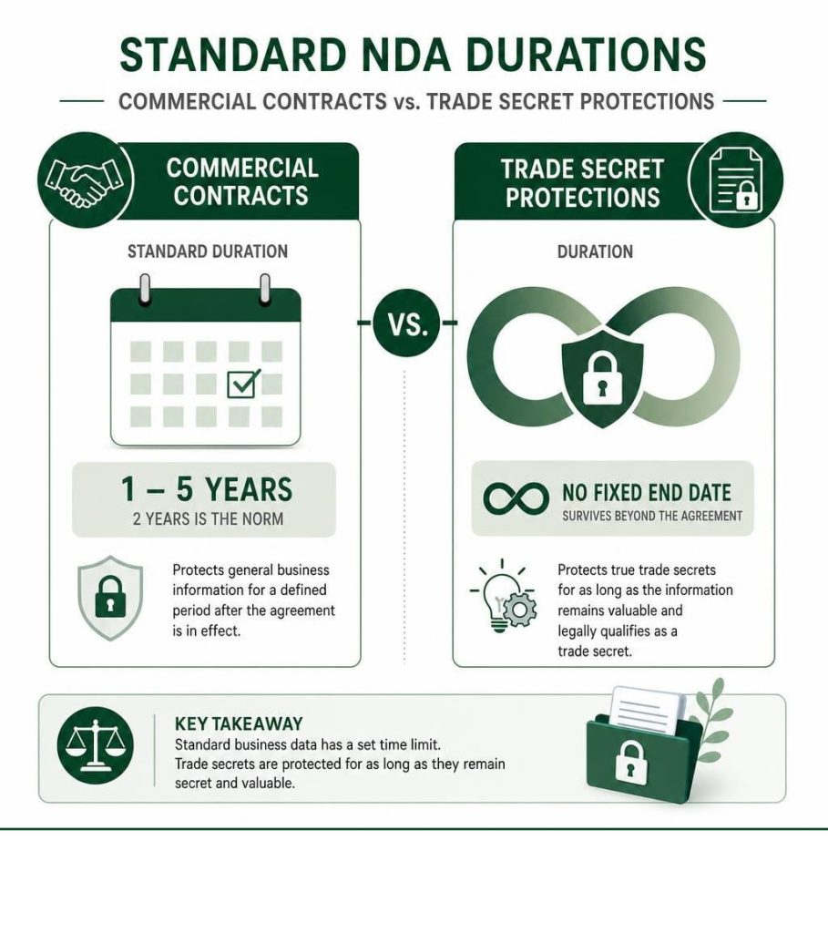 Infographic showing non disclosure agreement template durations for commercial contracts versus trade secret protections.