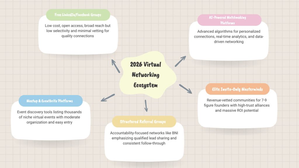 A mind map titled "2026 Virtual Networking Ecosystem" with a central green blob connected to five pastel-colored rectangles, each representing a networking category relevant to online business networking events: Free LinkedIn/Facebook Groups, AI-Powered Matchmaking Platforms, Elite Invite-Only Masterminds, Structured Referral Groups, and Meetup & Eventbrite Platforms. The background features a light grid pattern.