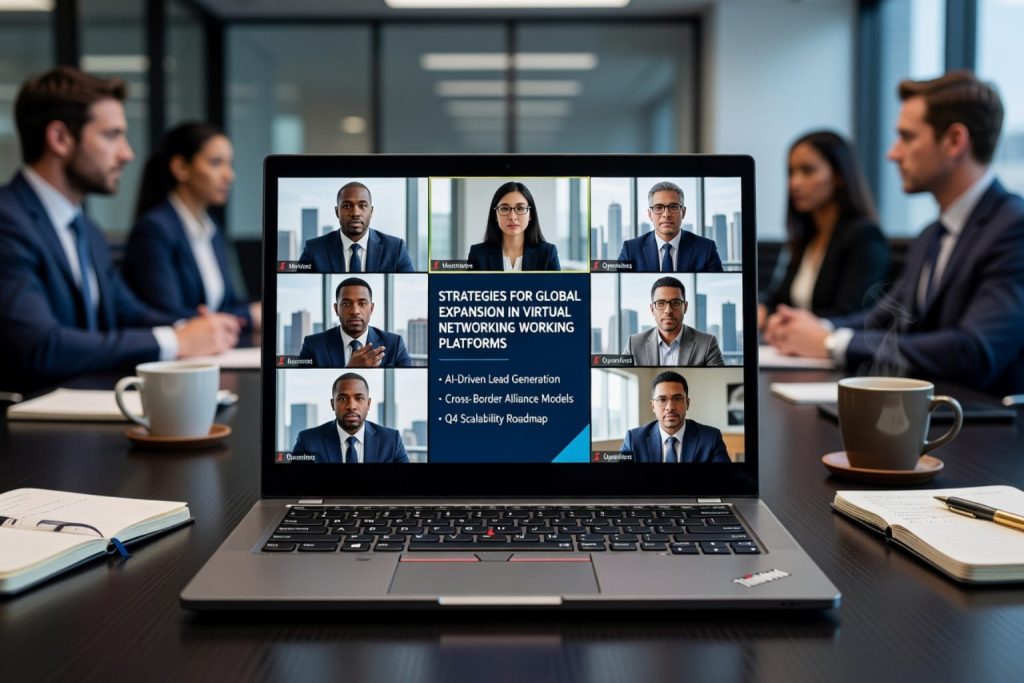 A hybrid business meeting with a laptop on a dark wooden table displaying a video conference. The screen shows a presentation titled "Strategies for Global Expansion in Virtual Networking Working Platforms" alongside video feeds of participants. Four in-person attendees in business attire are seated around the table with notebooks and mugs, discussing online business networking events.