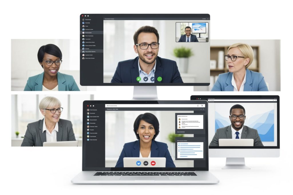 A virtual meeting setup with multiple participants displayed on various devices, including a central desktop monitor and a laptop. Participants are dressed in business attire, and the screens show video feeds, sidebars with participant lists, and interface buttons for online business networking events.