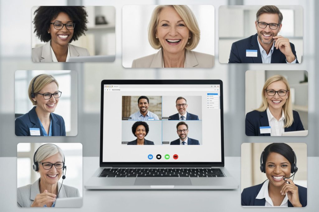 A composite image of a video conference with participants displayed on a laptop screen and as floating video windows around it. The participants, dressed in business attire, are smiling and engaging in professional online business networking events. The background is softly blurred, suggesting an office environment.