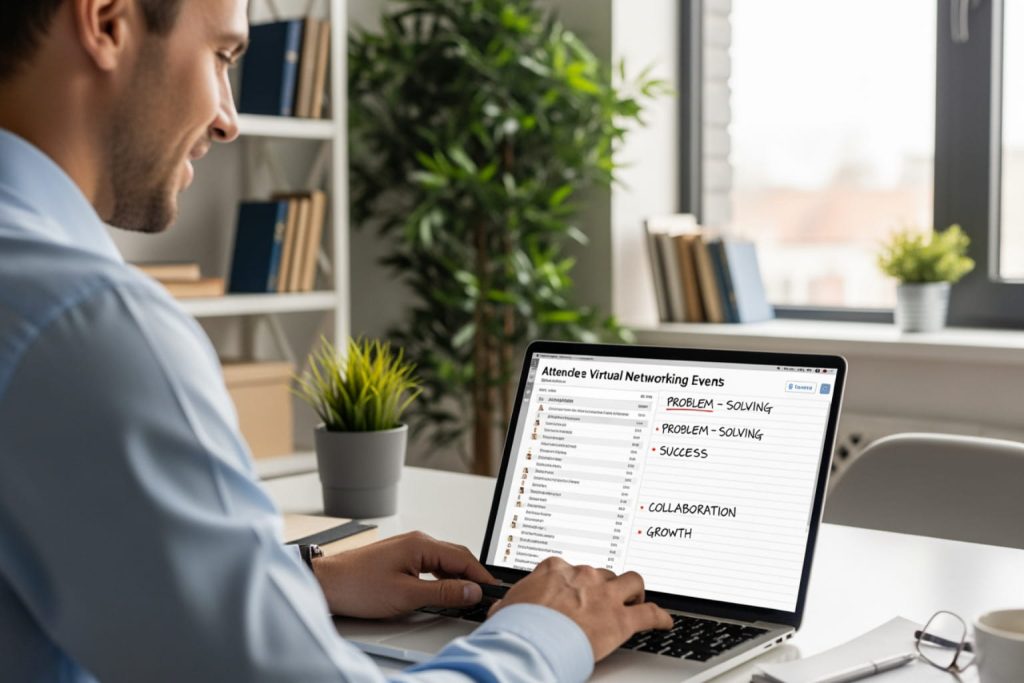 A man in a light blue shirt typing on a laptop at a white desk. The laptop screen displays text related to online business networking events, including keywords like "Problem-Solving," "Success," "Collaboration," and "Growth." The setting includes bookshelves, plants, and a large window in a bright office space.