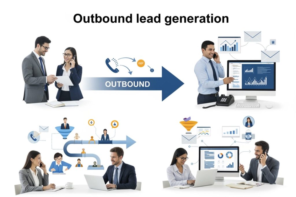 Illustration of an outbound lead generation process with professionals, icons, and workflow elements.