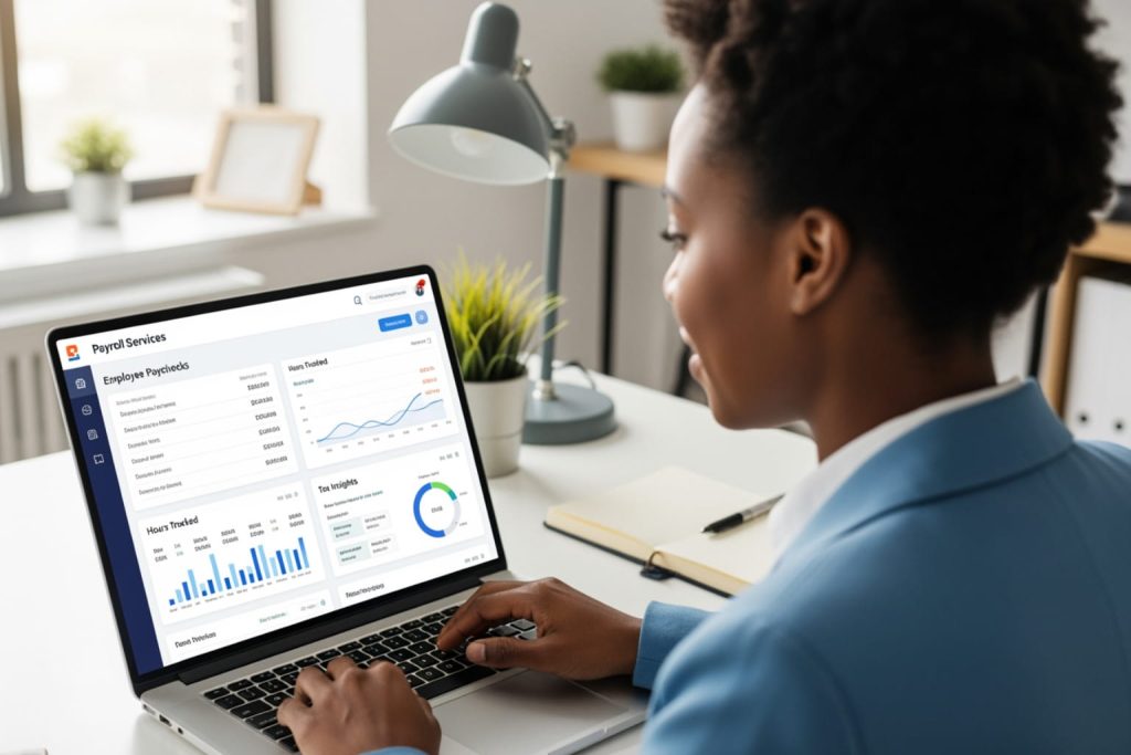 A woman reviews payroll services for small business on a laptop with a payroll dashboard in a bright office.