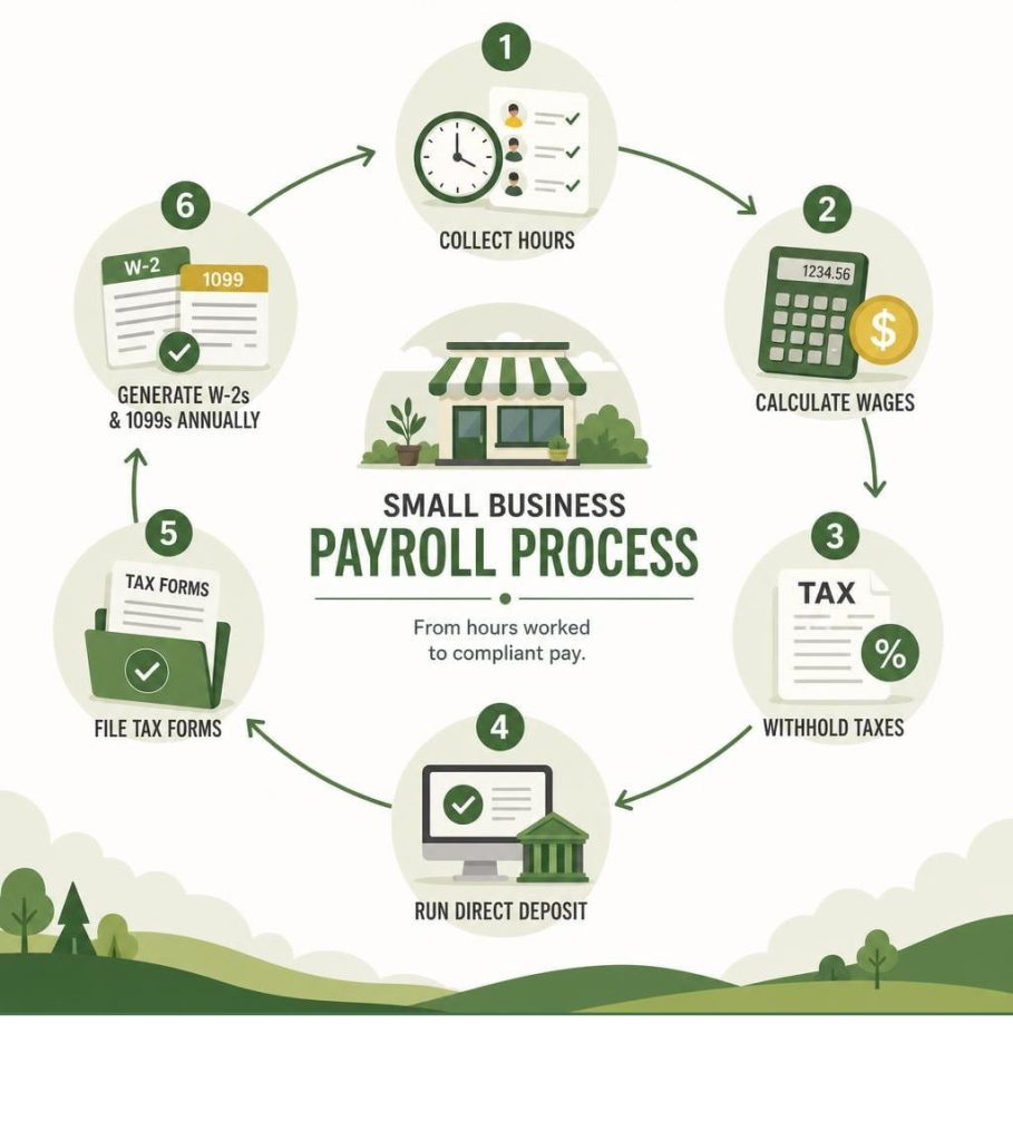 Infographic showing the payroll software for small business process from hours to tax forms.