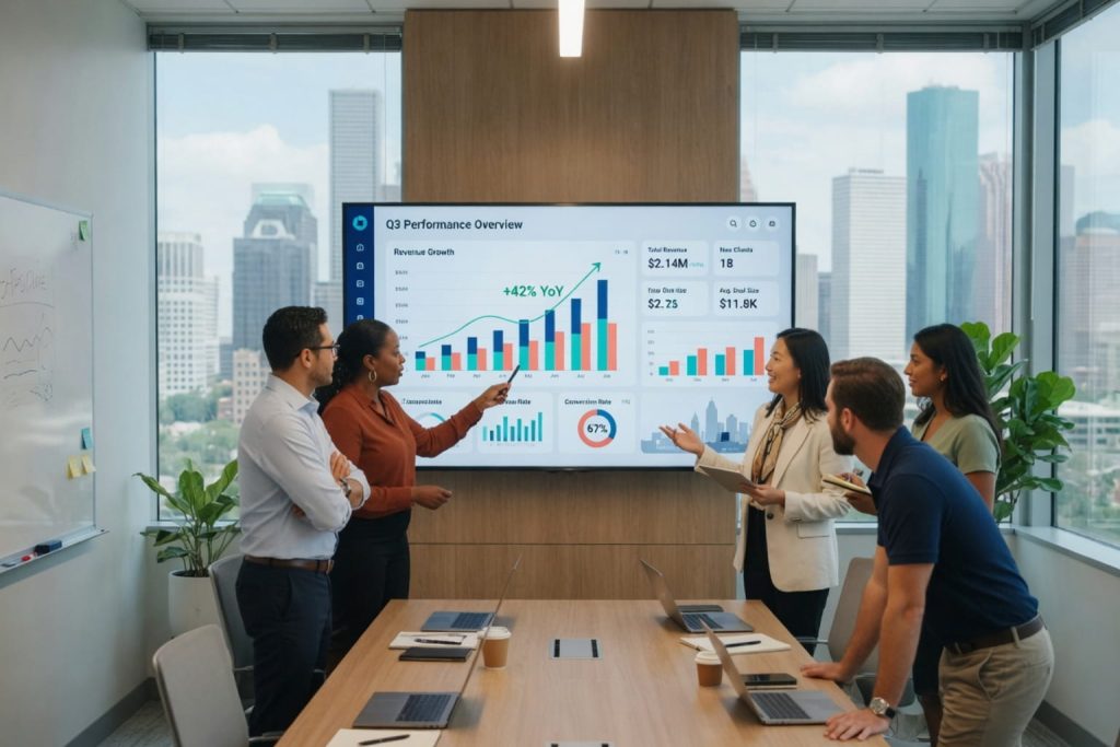 Team meeting reviewing growth metrics tied to payroll software for small business strategy.