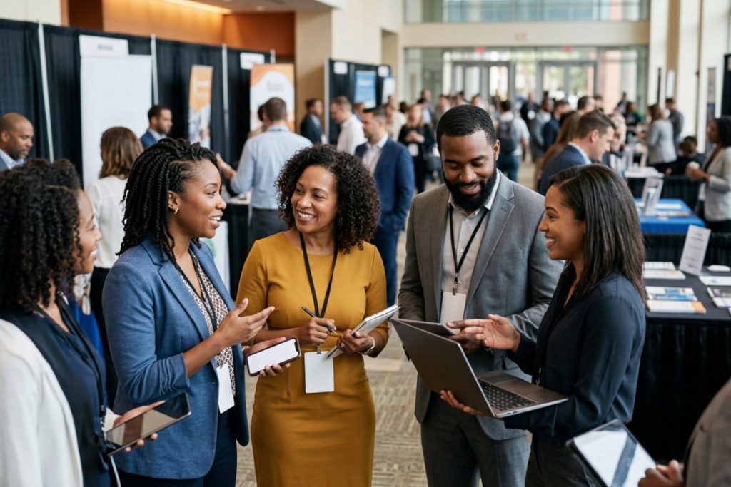 Business professionals networking around payroll software for small business solutions.